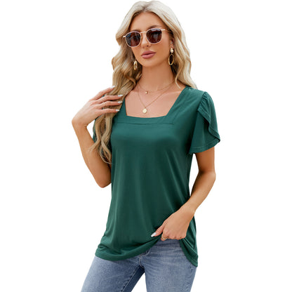 Fashionable Simple Square Neck Petal Print Loose T-shirt