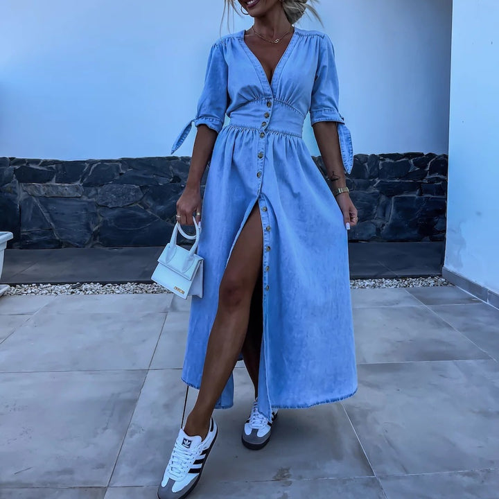 Fashionable Sexy V-Neck Long Button Denim Dress