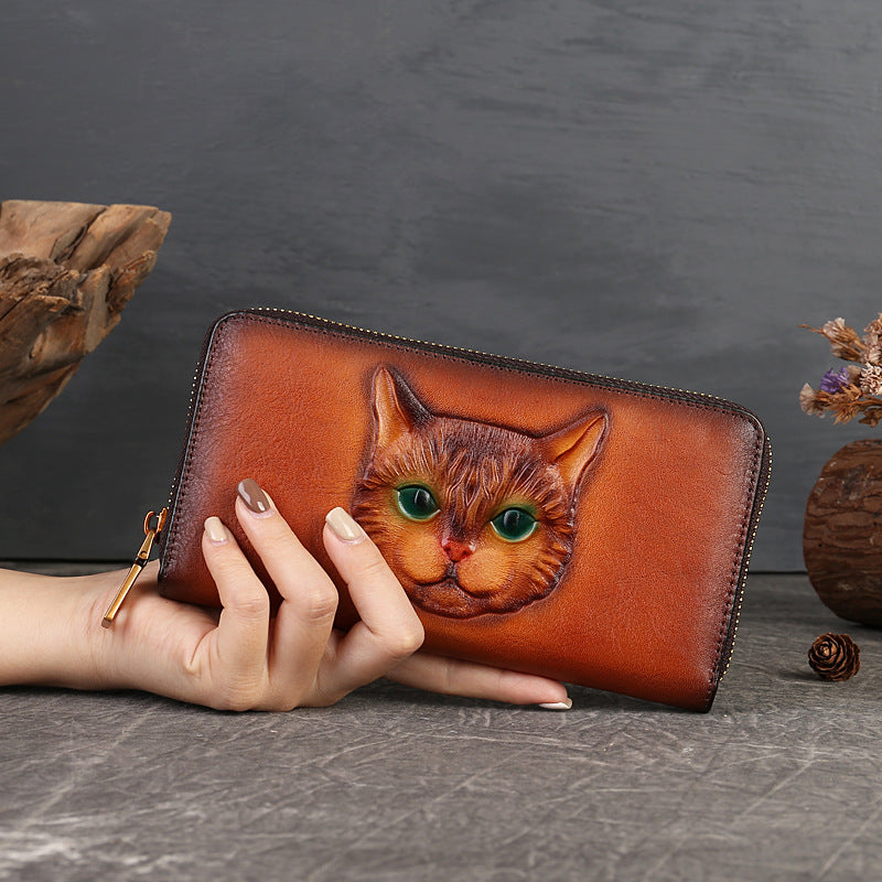 Vintahe 3D-Katzenbrieftasche mit Lederprägung