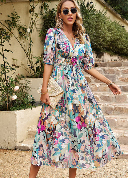 Elegant V-Neck Chiffon Printed Dress