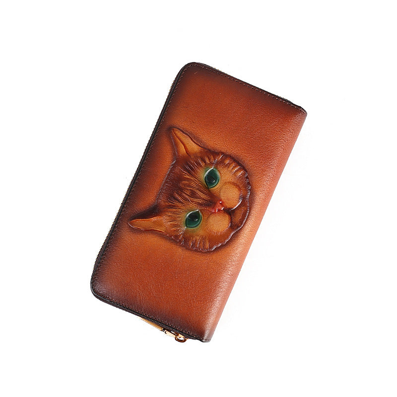 Vintahe 3D-Katzenbrieftasche mit Lederprägung