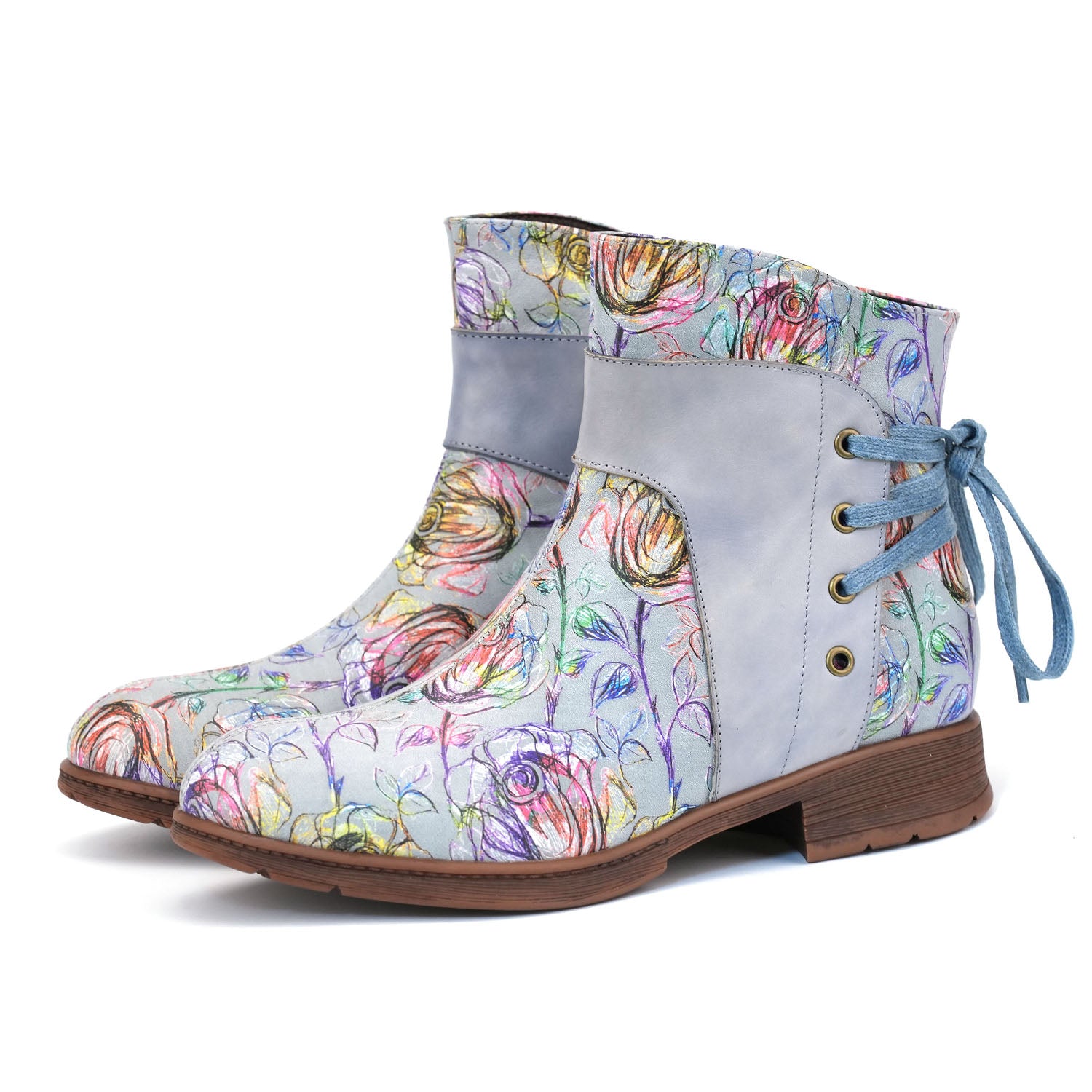 Blossom de couro retrô Botas de tornozelo casual no tornozelo