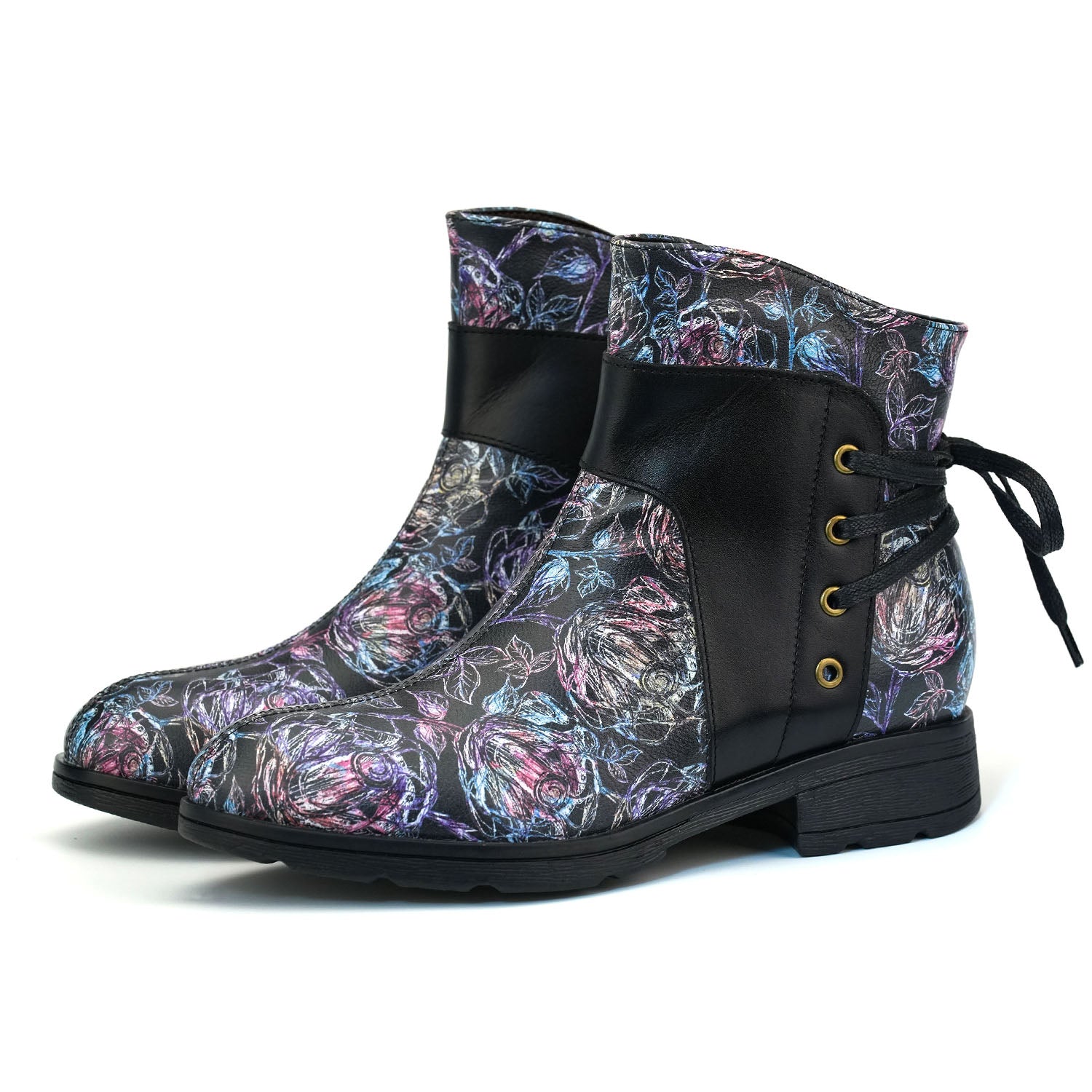 Blossom de couro retrô Botas de tornozelo casual no tornozelo