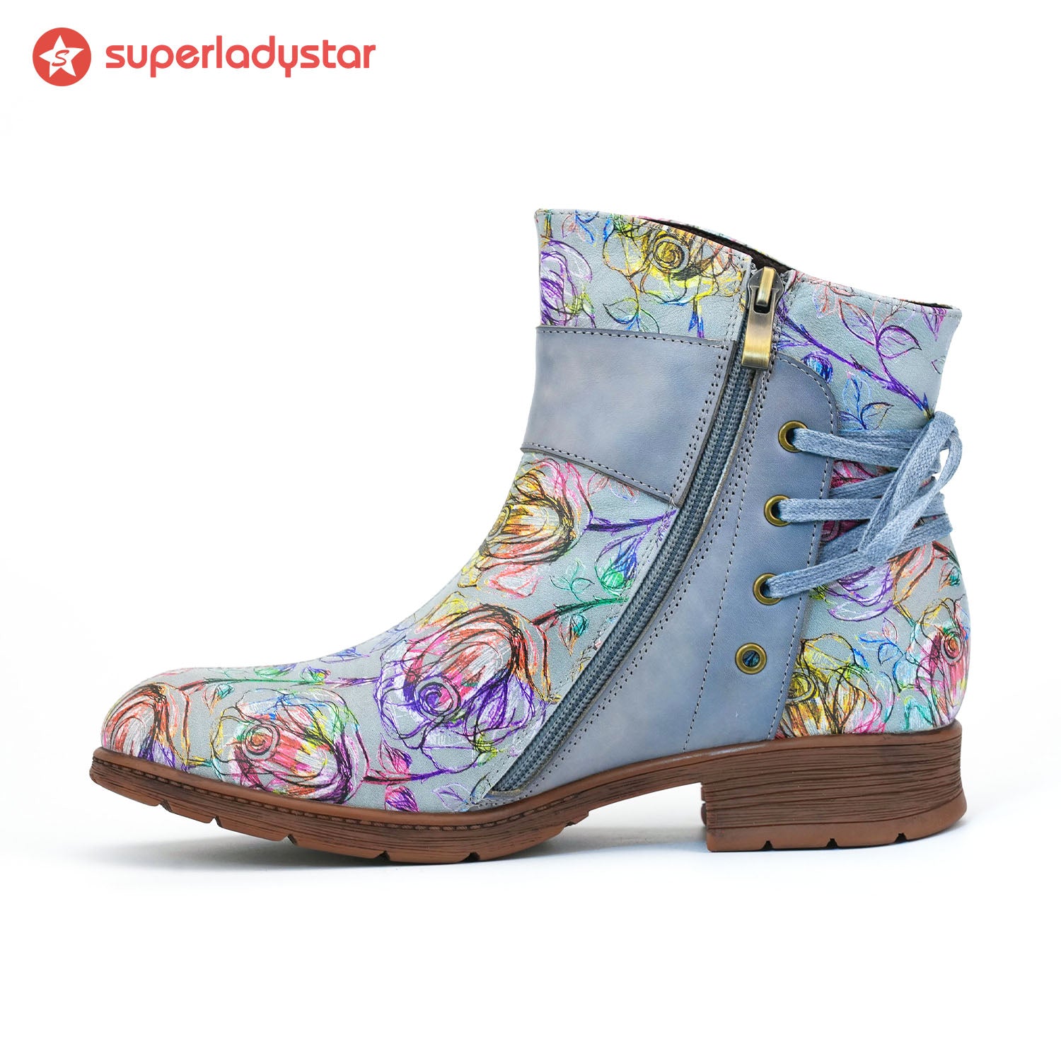 Blossom de couro retrô Botas de tornozelo casual no tornozelo