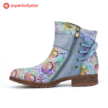 Retro Leather Blossom Casual Comfort Ankle Boots