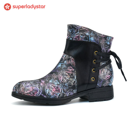 Blossom de couro retrô Botas de tornozelo casual no tornozelo