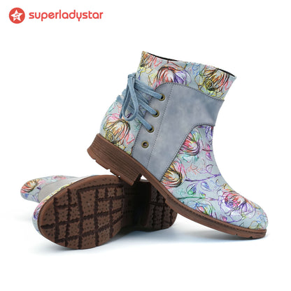 Blossom de couro retrô Botas de tornozelo casual no tornozelo