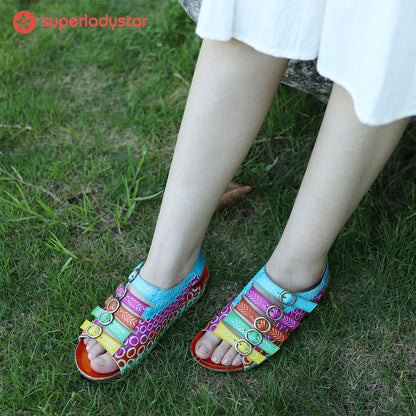 Colorful Floral Embossed Leather Sandals