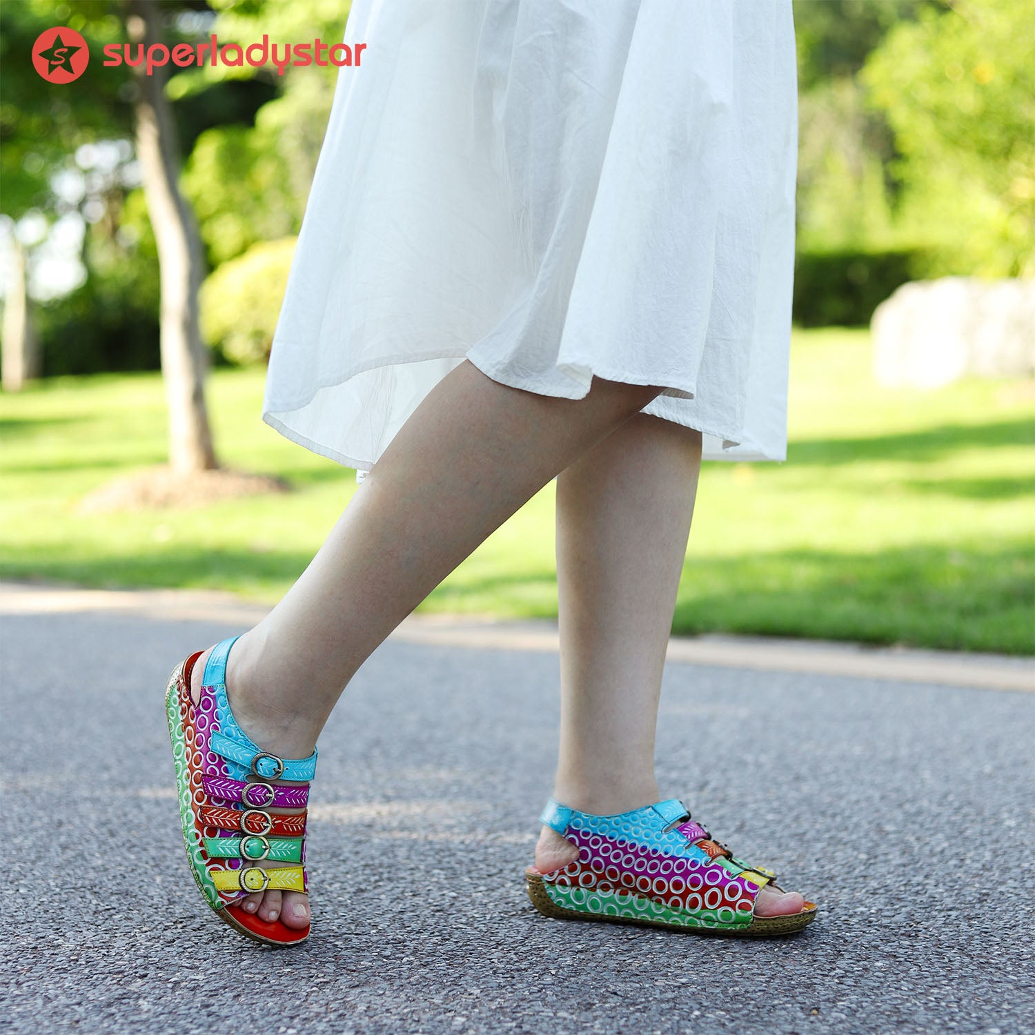 Colorful Floral Embossed Leather Sandals