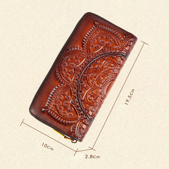 Embossed Zipper Cowhide Vintage Leather Wallet