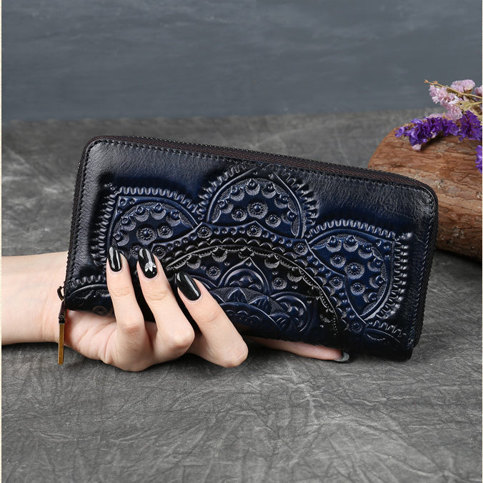 Embossed Zipper Cowhide Vintage Leather Wallet