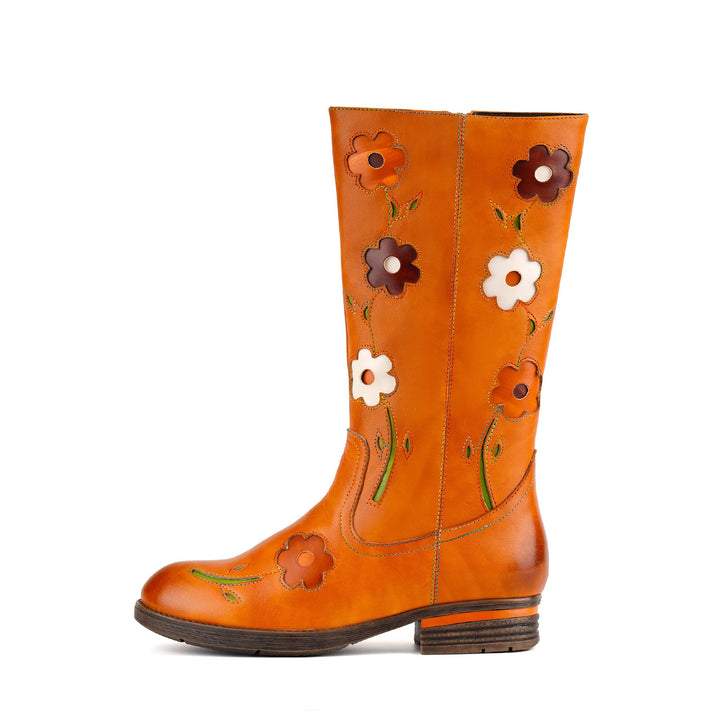 Retro Floral Leather Flat Tall Boots