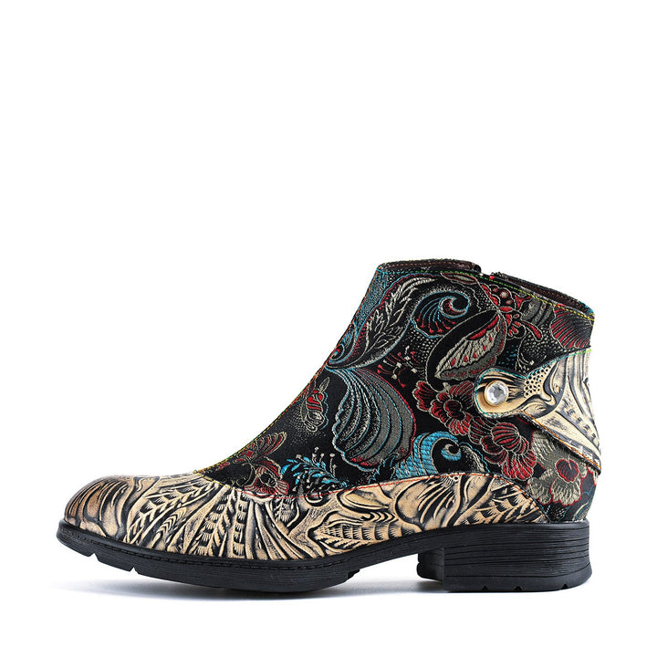 Genuine Leather Embroidered Comfy Flat Ankle Boots
