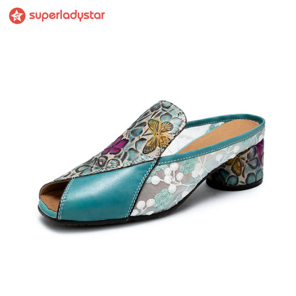 Peep-toe Colorful Leather Slippers