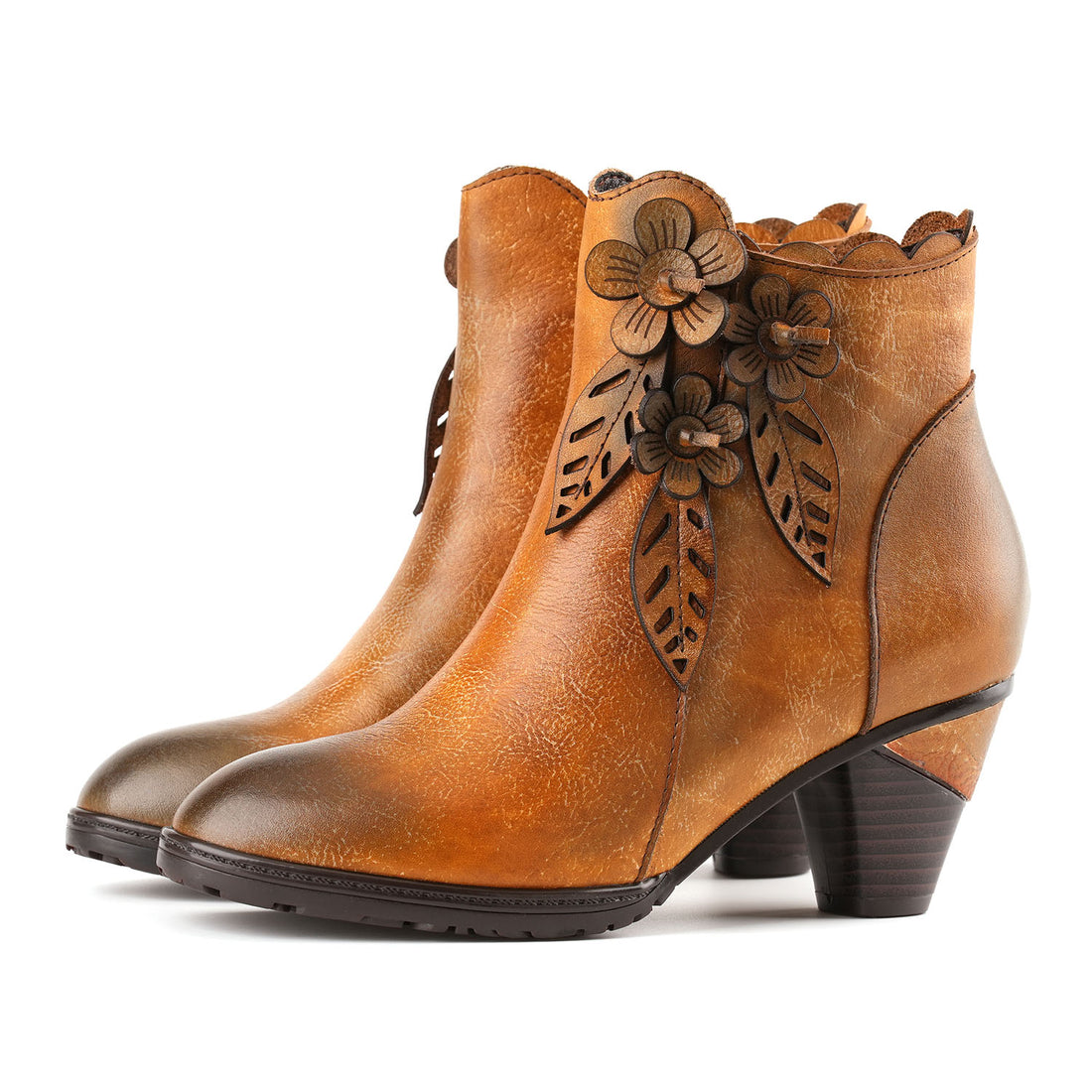 Retro Handmade Floral Leather Solid Color Ankle Boots