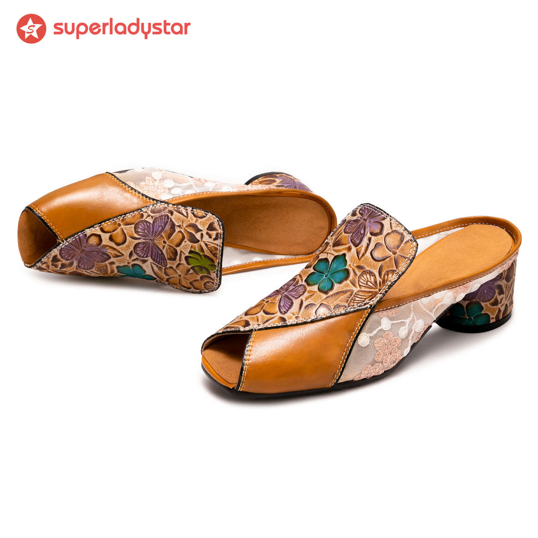 Peep-toe Colorful Leather Slippers