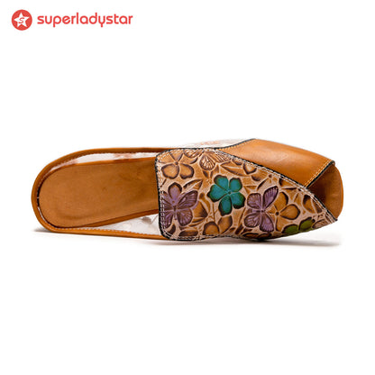 Peep-toe Colorful Leather Slippers