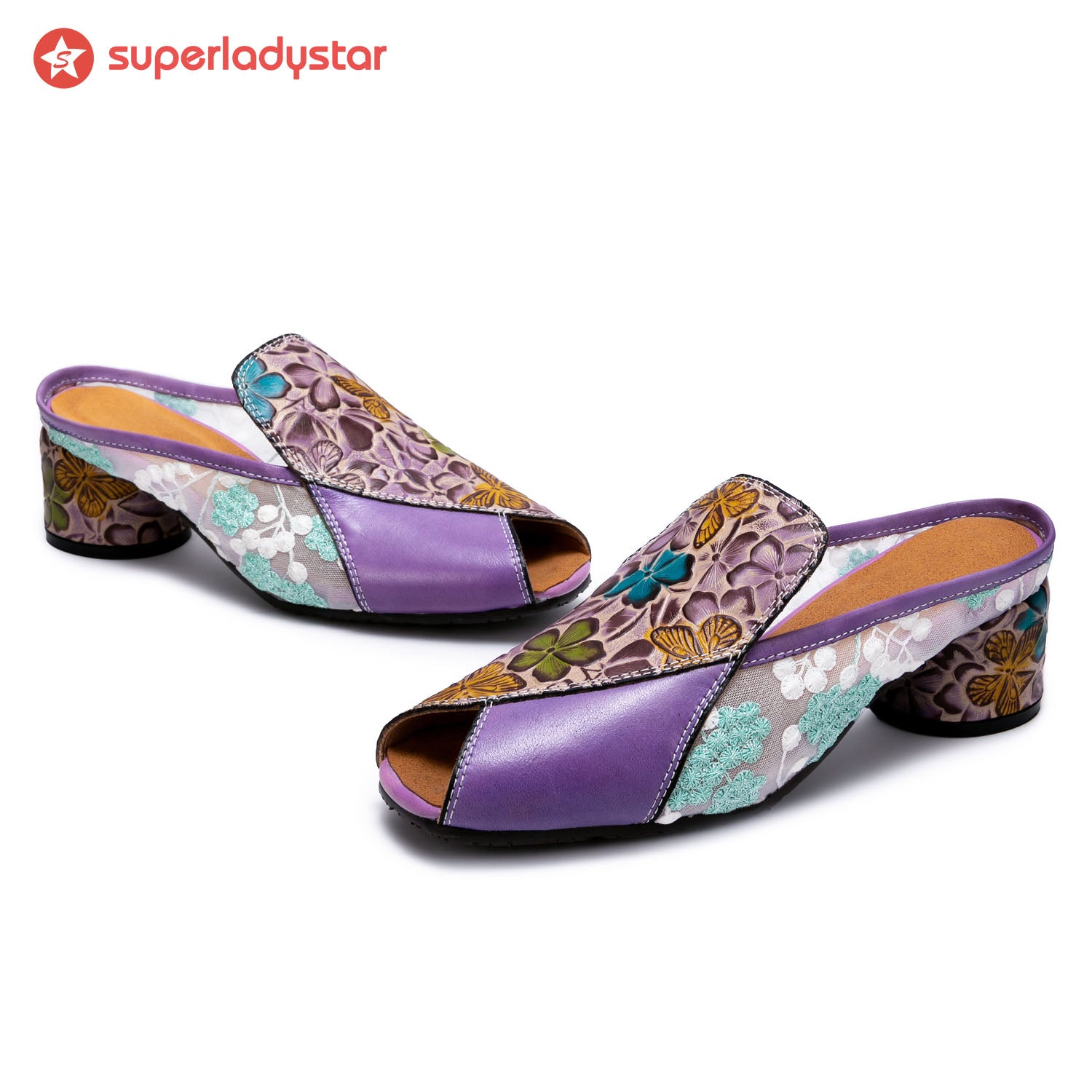 Peep-toe Colorful Leather Slippers