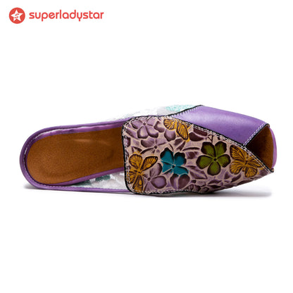 Peep-toe Colorful Leather Slippers