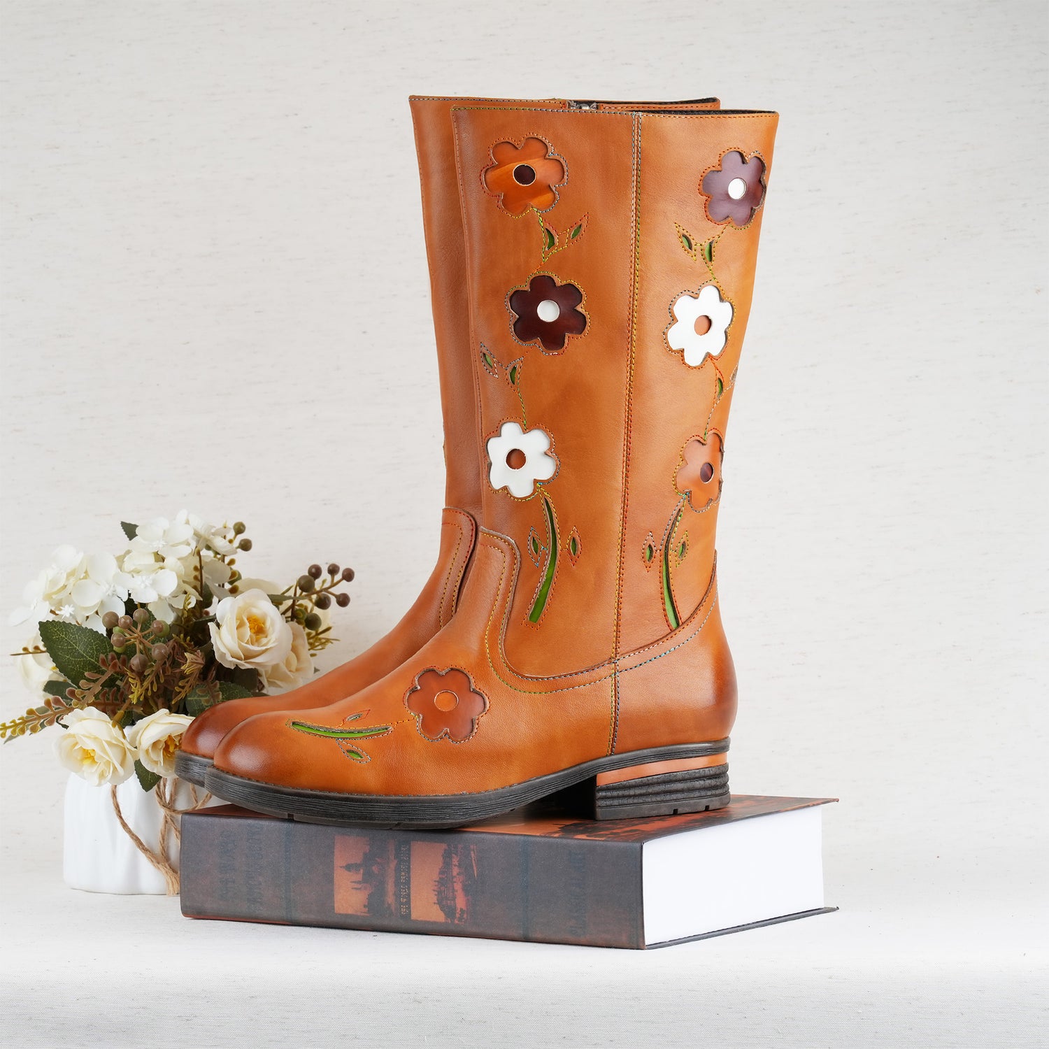 Retro Floral Leather Flat Tall Boots