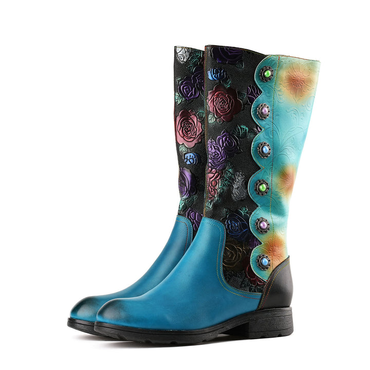 Round Toe Multicolored Low Heel Boots