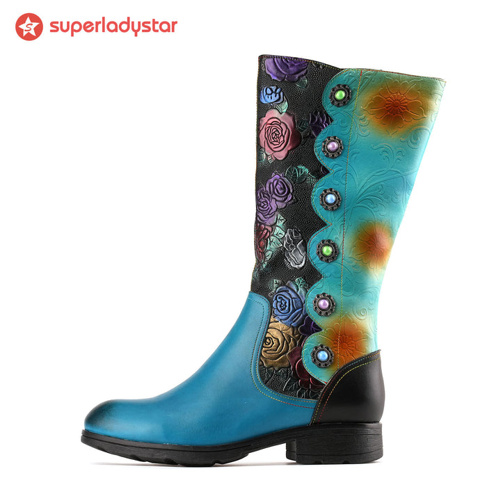 Round Toe Multicolored Low Heel Boots