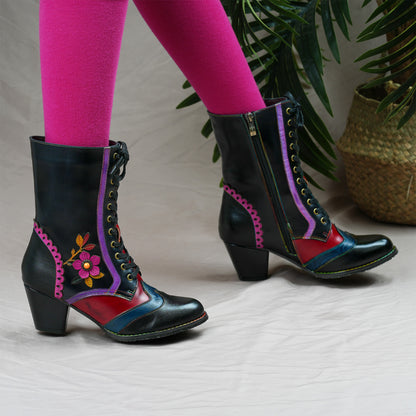 Vintage Crimson Bloom Ankle Boots
