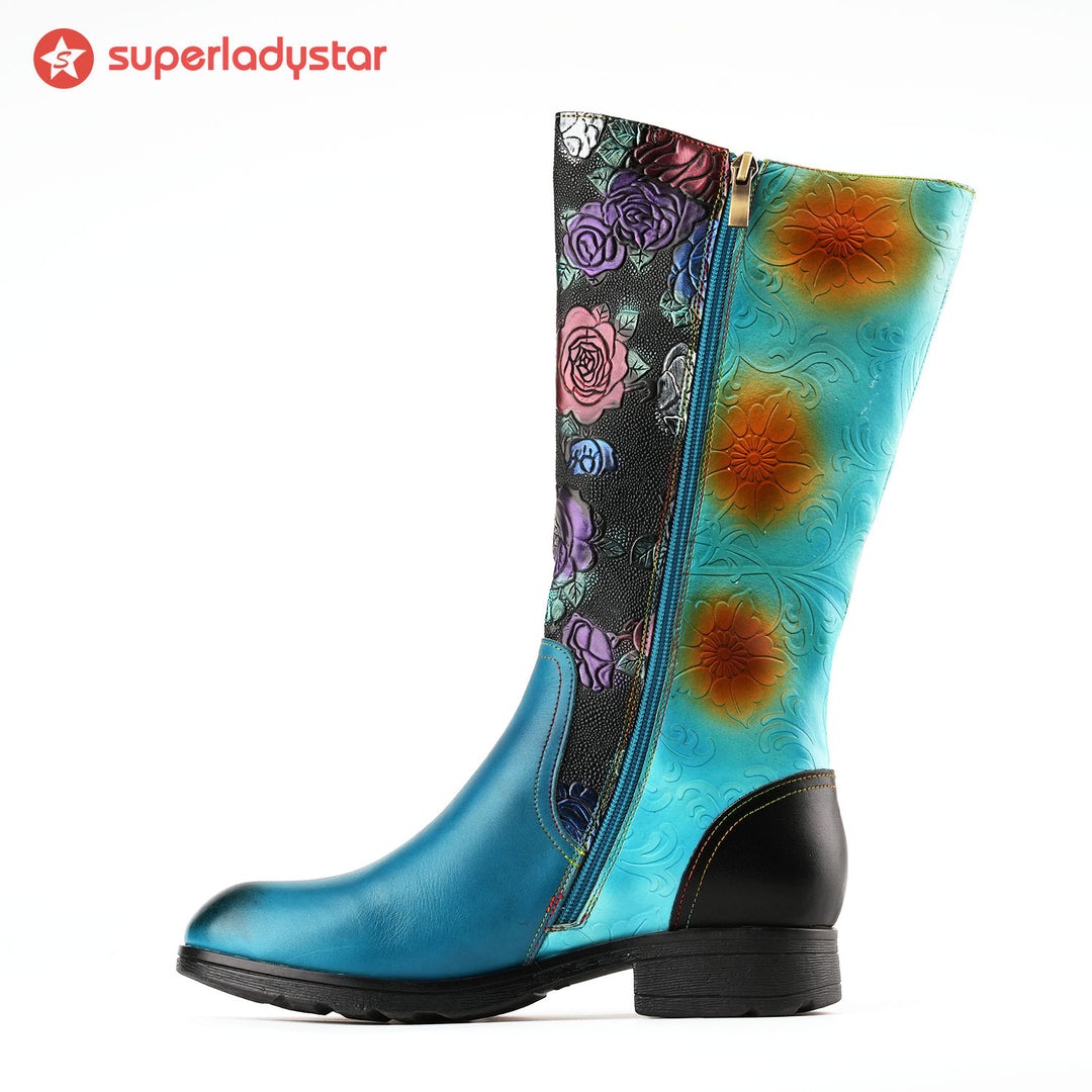 Round Toe Multicolored Low Heel Boots