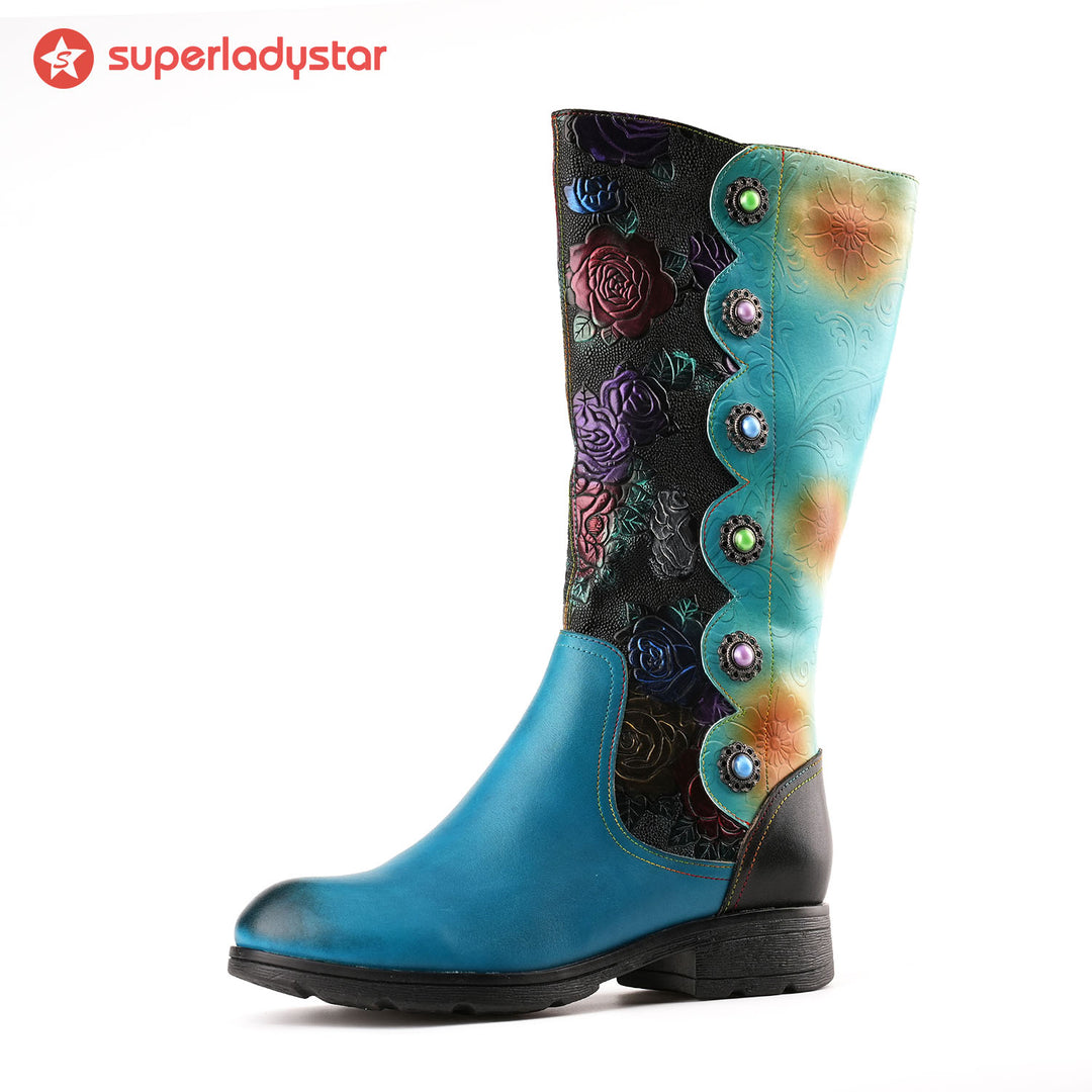 Round Toe Multicolored Low Heel Boots