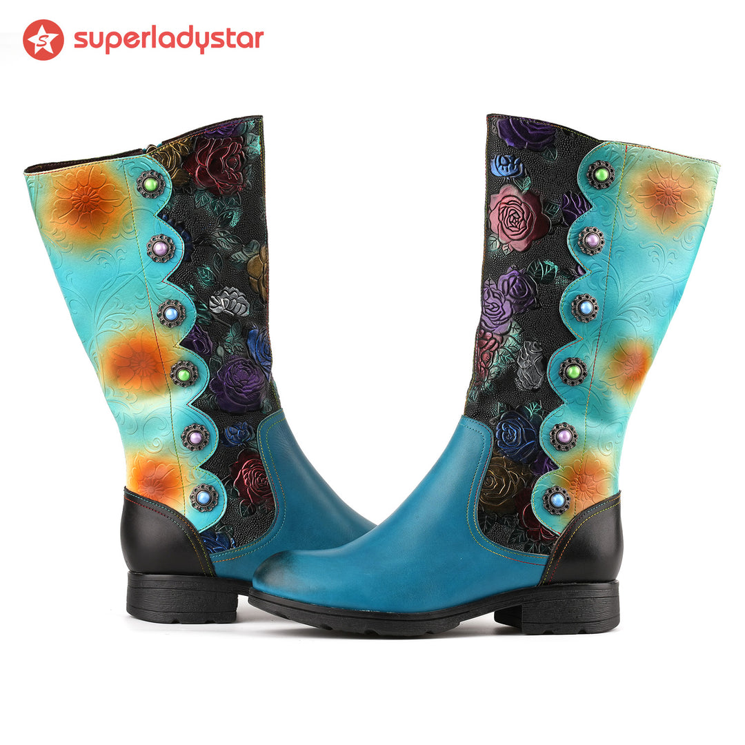 Round Toe Multicolored Low Heel Boots