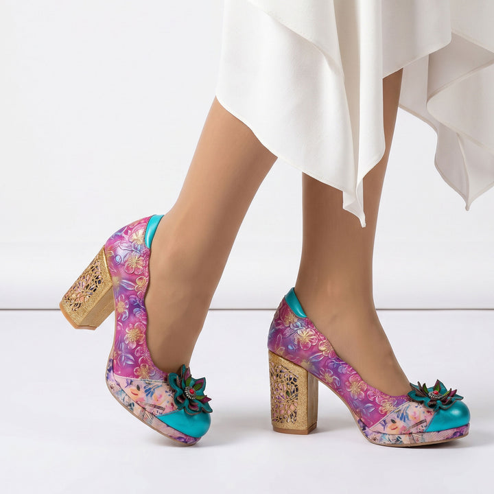 Multicolor Floral Chunky Heel Pumps