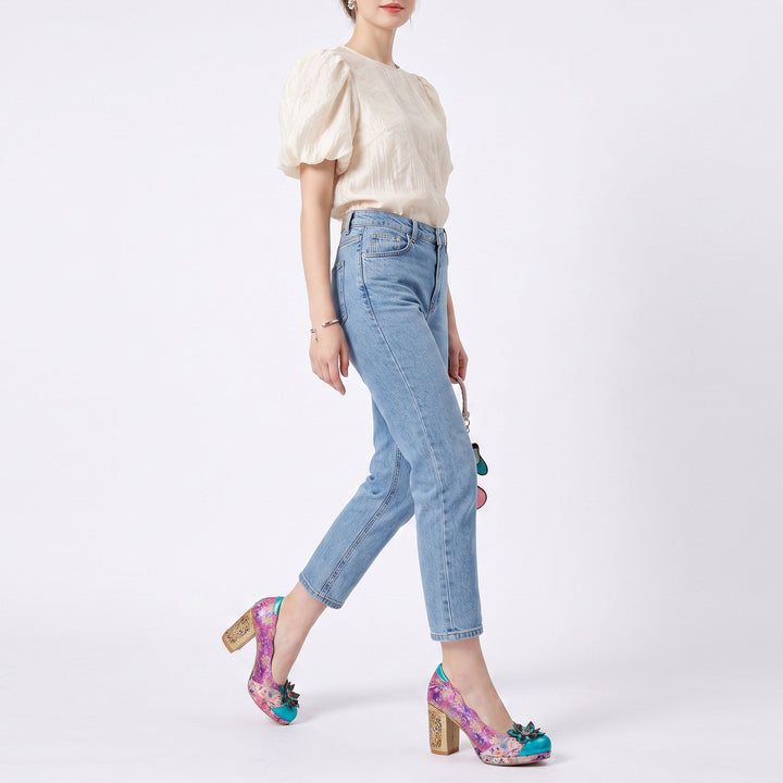 Multicolor Floral Chunky Heel Pumps