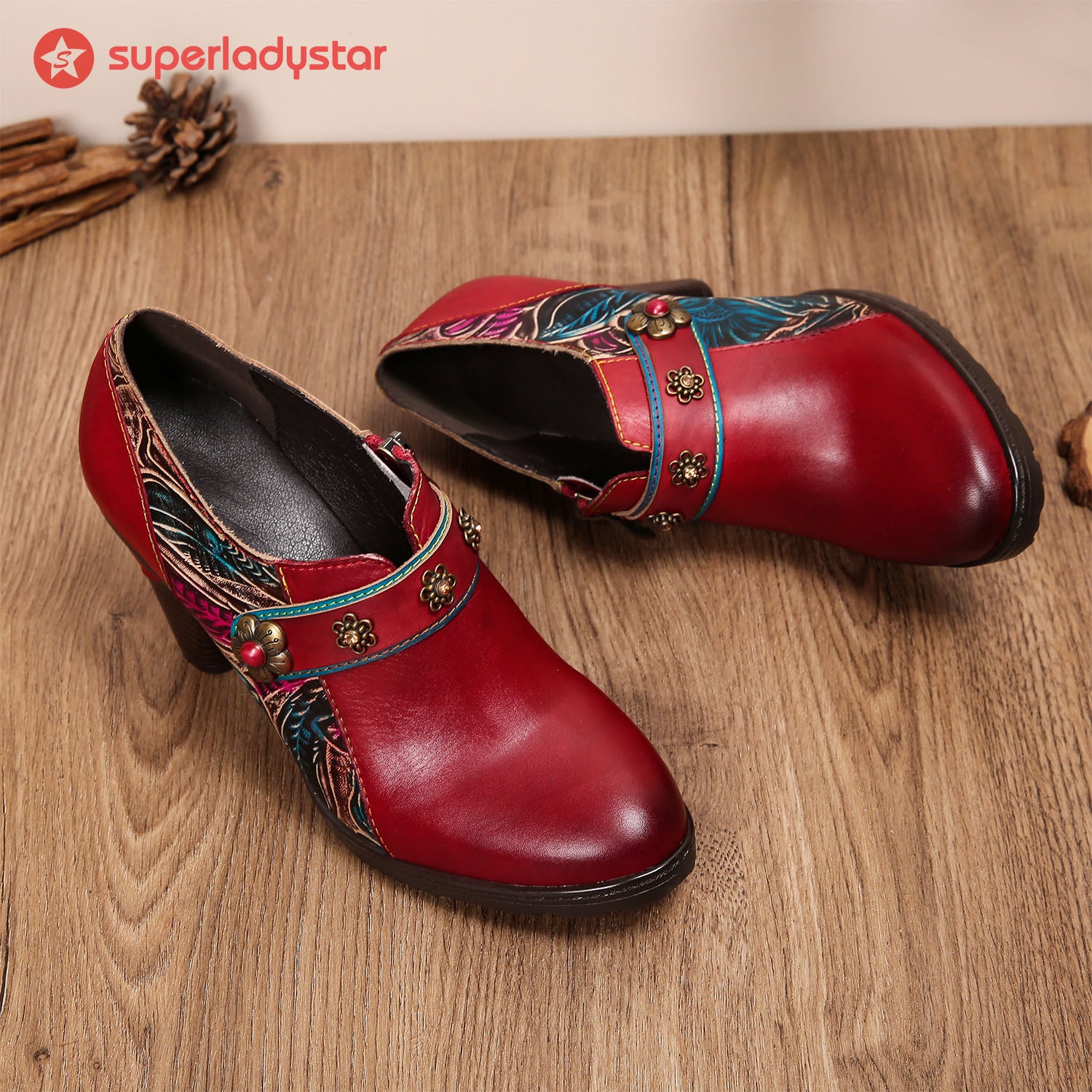 Bombas de cuero rojo retro hechas a mano