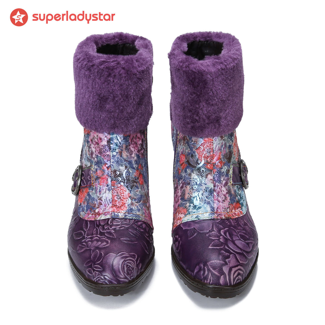 Retro Handmade Blossom Furry Ankle Boots
