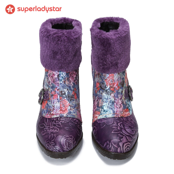 Retro Handmade Blossom Furry Ankle Boots
