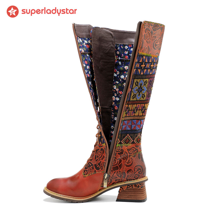 Vintage Bohemian Leather Splicing Pattern Boots