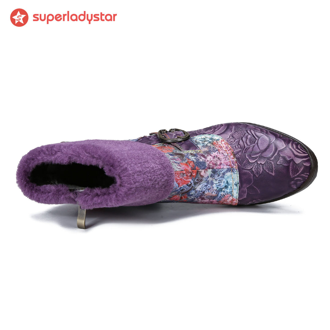 Retro Handmade Blossom Furry Ankle Boots