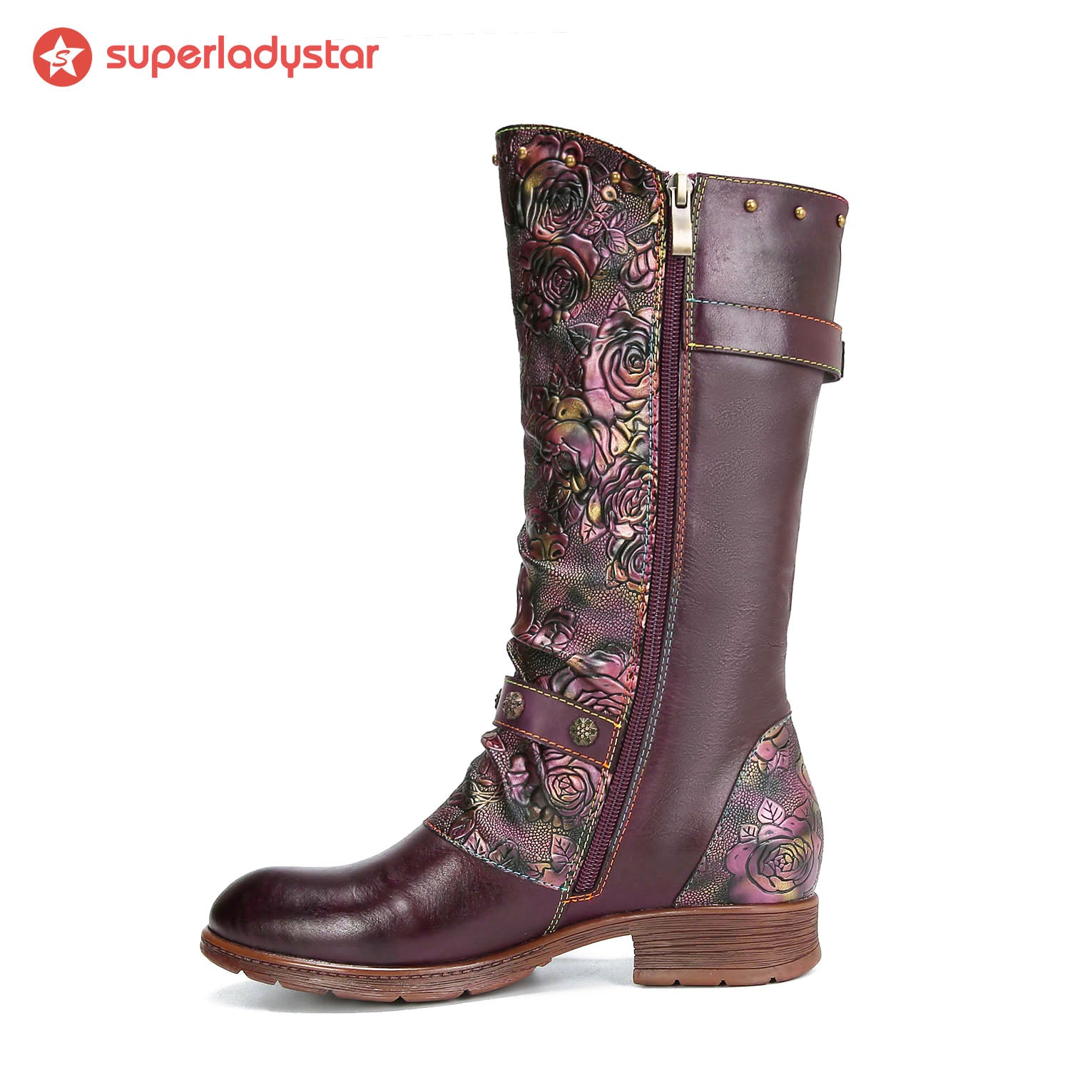 Retro bemalten Schnalle flache hohe Stiefel