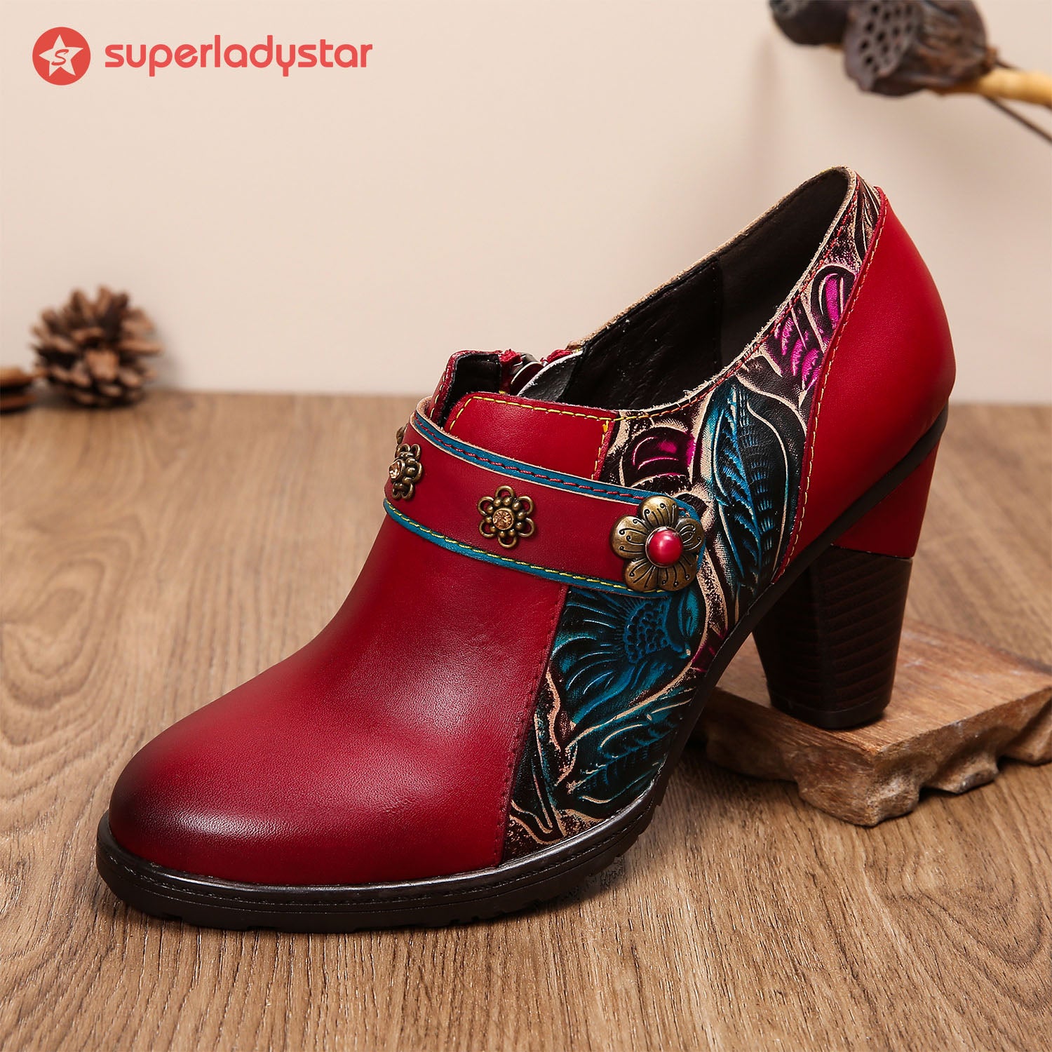 Handmade Retro Red Leather Pumps