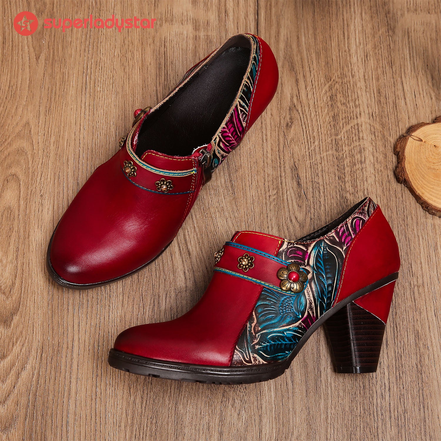 Handmade Retro Red Leather Pumps