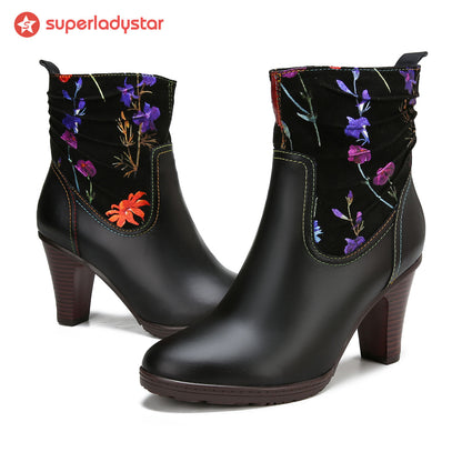 Hand Painted Leather Patchwork Ankle Boots