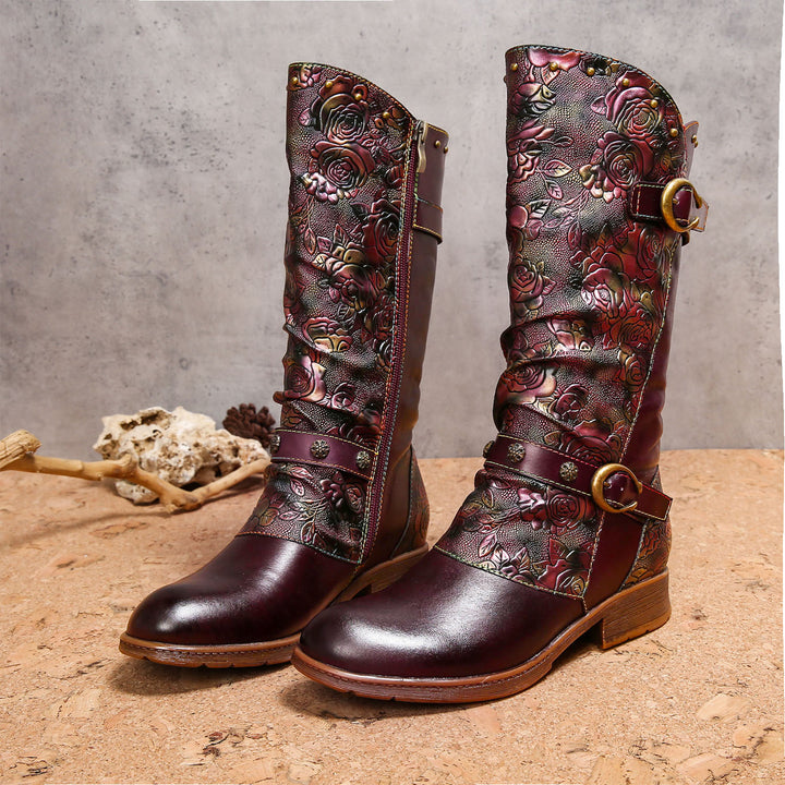 Retro Painted Buckle Flat Tall Boots