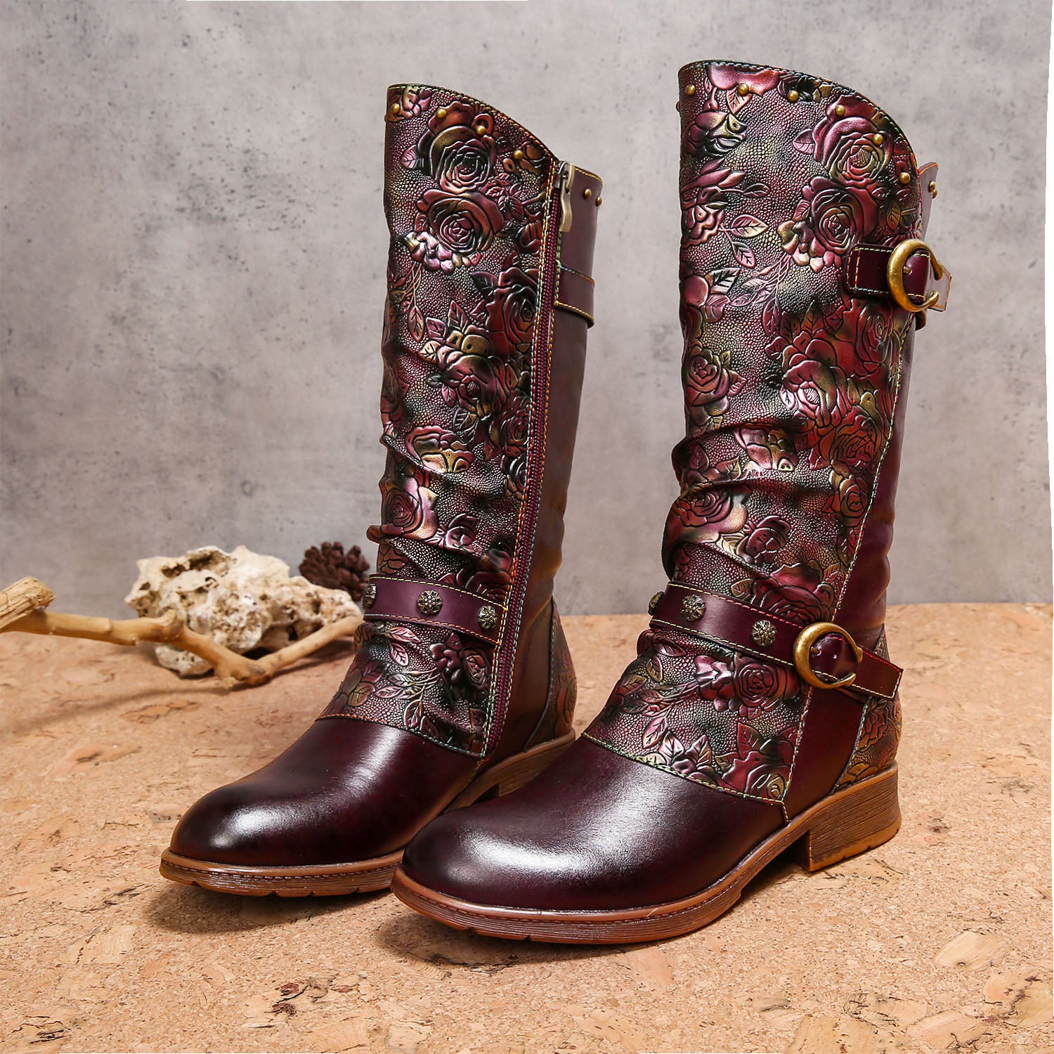 Retro bemalten Schnalle flache hohe Stiefel