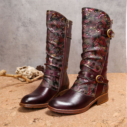 Retro Painted Buckle Flat Tall Boots