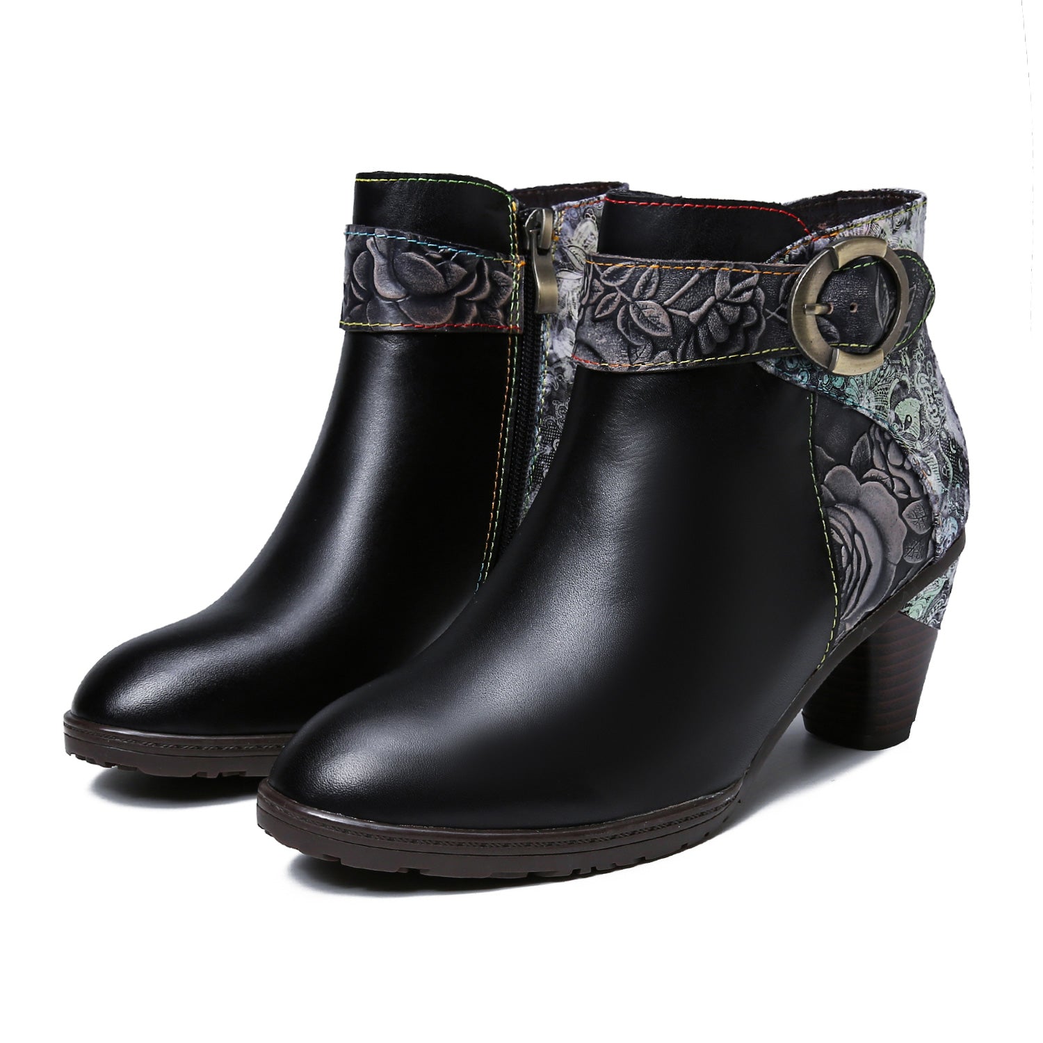 Botas de tornozelo em relevo floral feitas à mão