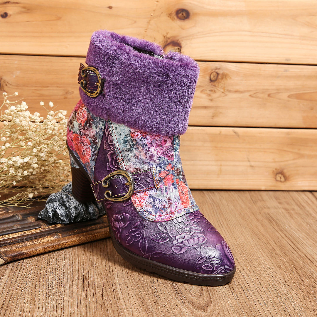 Retro Handmade Blossom Furry Ankle Boots