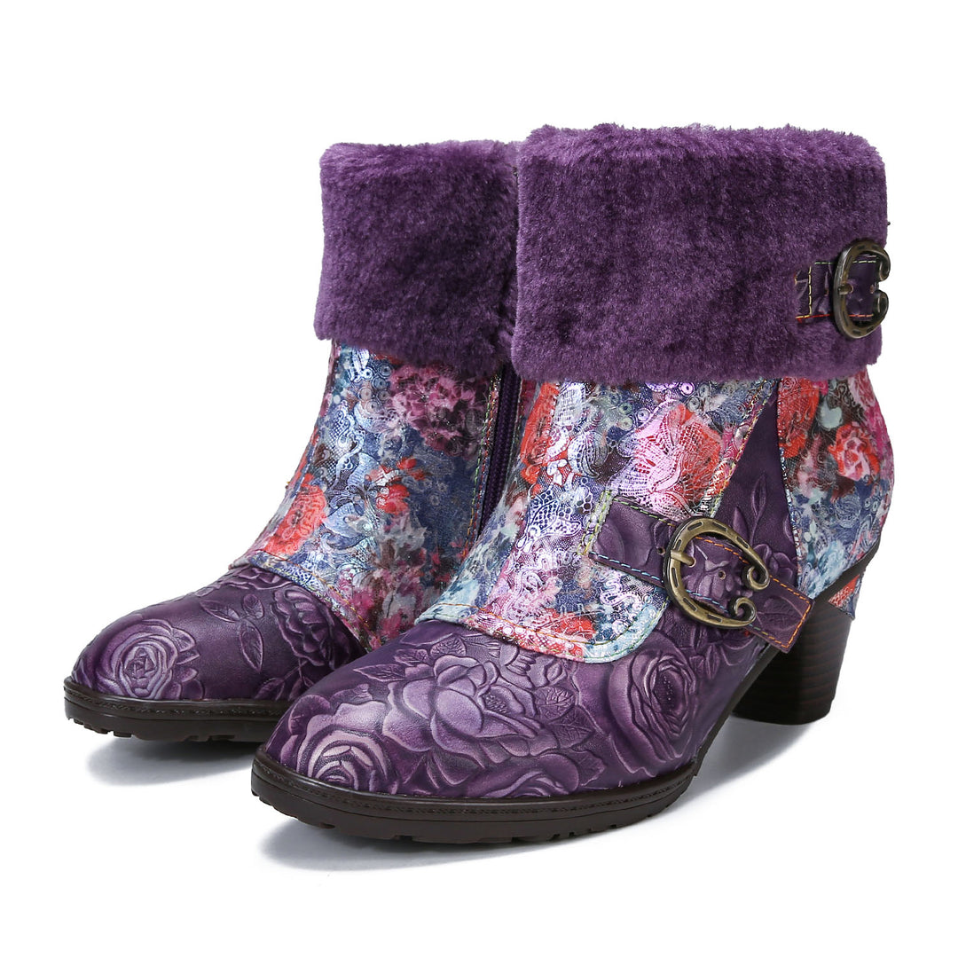 Retro Handmade Blossom Furry Ankle Boots