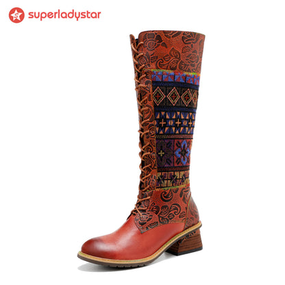 Vintage Bohemian Leather Splicing Pattern Boots