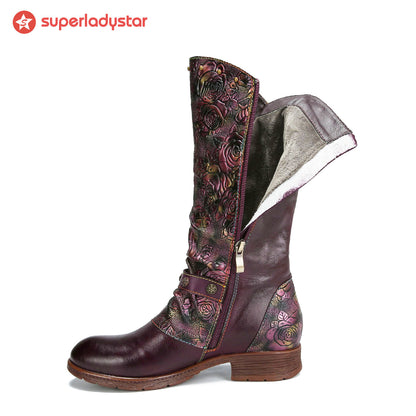 Retro bemalten Schnalle flache hohe Stiefel