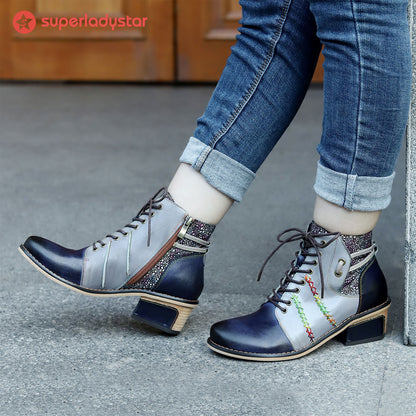 Retro Leather Patchwork Casual Comfort Ankle Boots